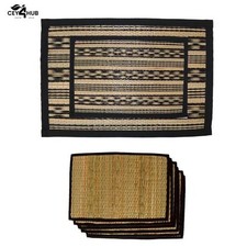 Reed & Fabric Square 6pcs Table Mats Set & 2 Size Carpet, Hand Woven Place mats