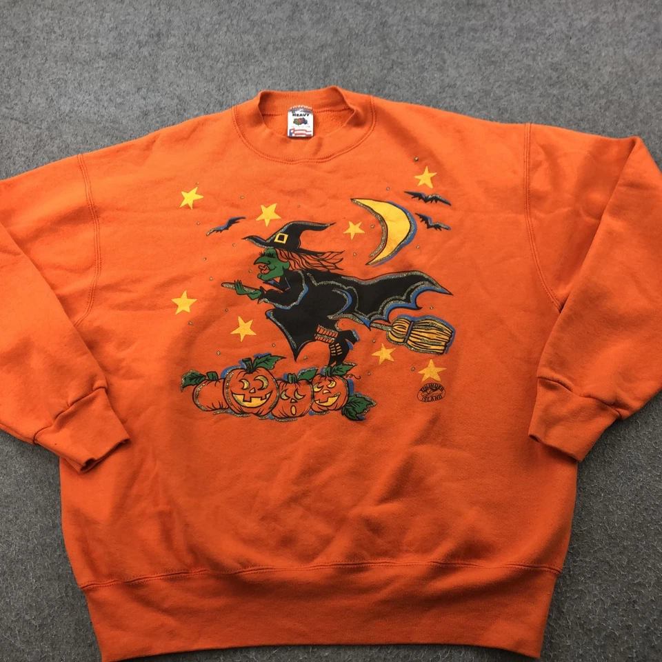 VINTAGE Fruit of the Loom Sweatshirt Mens XL Orange Halloween Witch Made USA 90s - Image 2 of 4