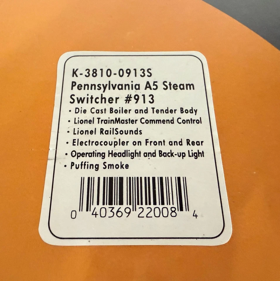 K-Line K-3810-0913S O Pennsylvania Railroad A5 Steam Switcher & Tender #913 MINT - Image 3 of 4