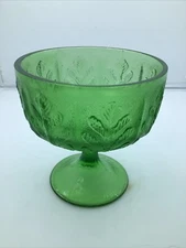 FTD Green Glass Pedestal Bowl Impressed Oak Leaf Design Vintage 