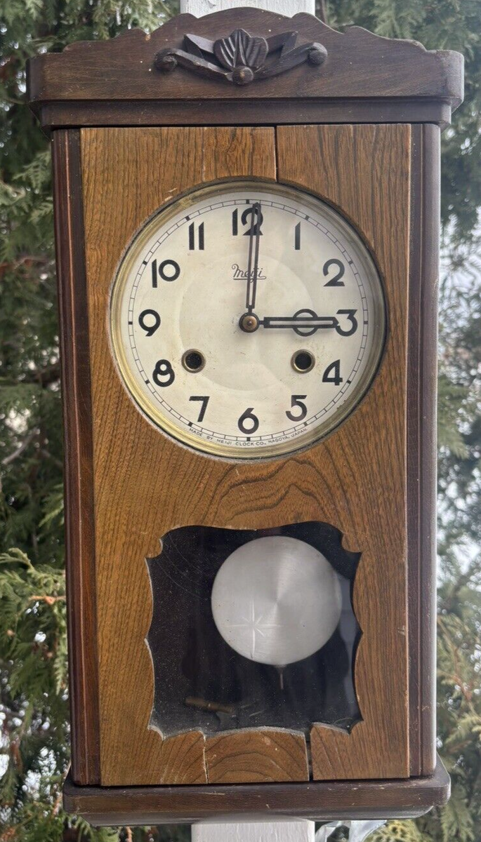 meijiの壁掛け長時計 Antique 1910 - 1930 Meiji Clock Co Japanese Box Wall Clock - RUNS