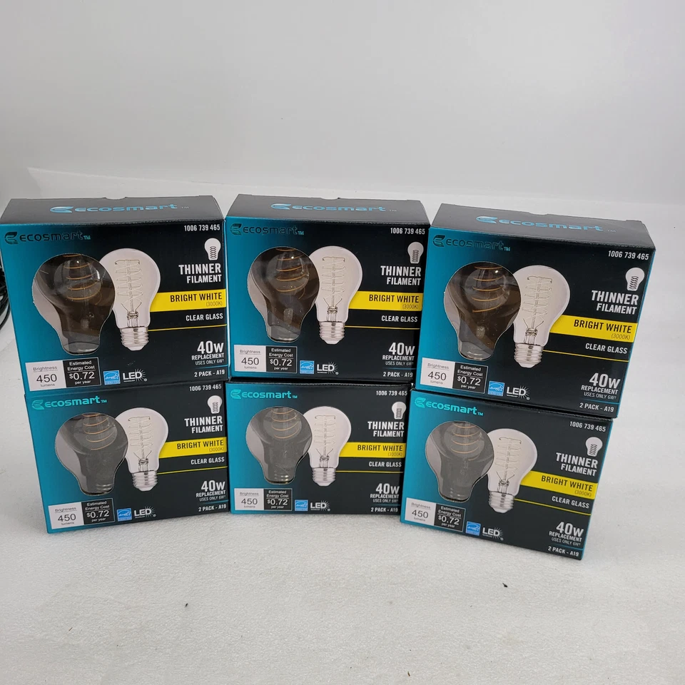 6 Pack of 2 led EcoSmart A19 Soft White Thinner Filament Clear LED 40W - 3130 - Image 2 of 4