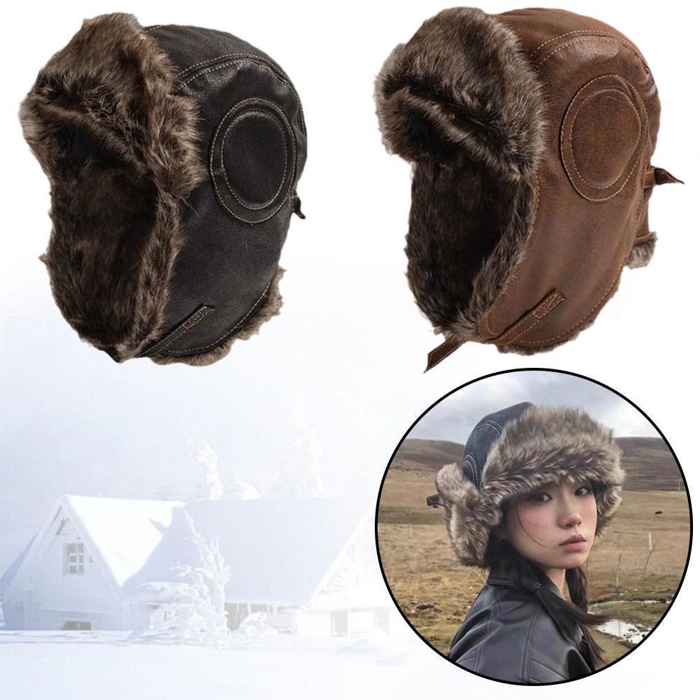 Hat Winter Men Warm Hat with Ear Flap Pu Leather Fur Trapper  display picture 1