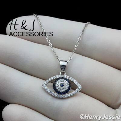 16''+2'' WOMEN 925 STERLING SILVER ICY BLUE CZ EVIL EYE PENDANT NECKLACE*AWN5