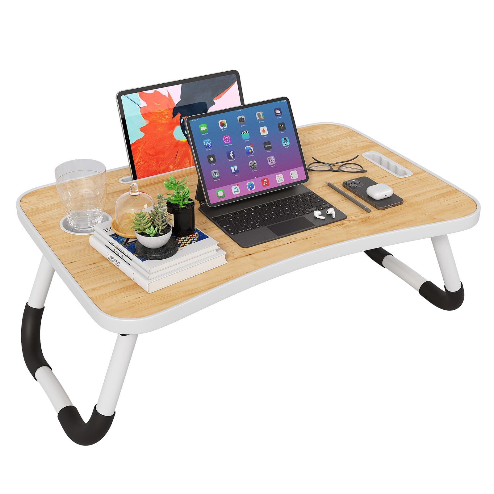 23.6 Inch Wood Folding Lap Desk with Cup Holder for Laptop Bed Work