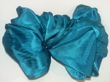 VTG 80s Big Satin Teal Blue Green Ribbon Scarf Bow Barrette Hair Clip Silky