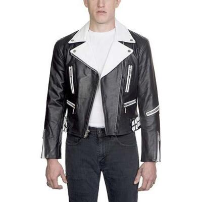 NEW MENS STRAIGHT TO HELL DEFECTOR BLACK WHITE LEATHER BIKER JACKET SIZE 48