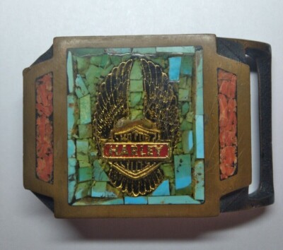 Rare Vintage Harley Davidson Belt Buckle Turquoise Coral Brass