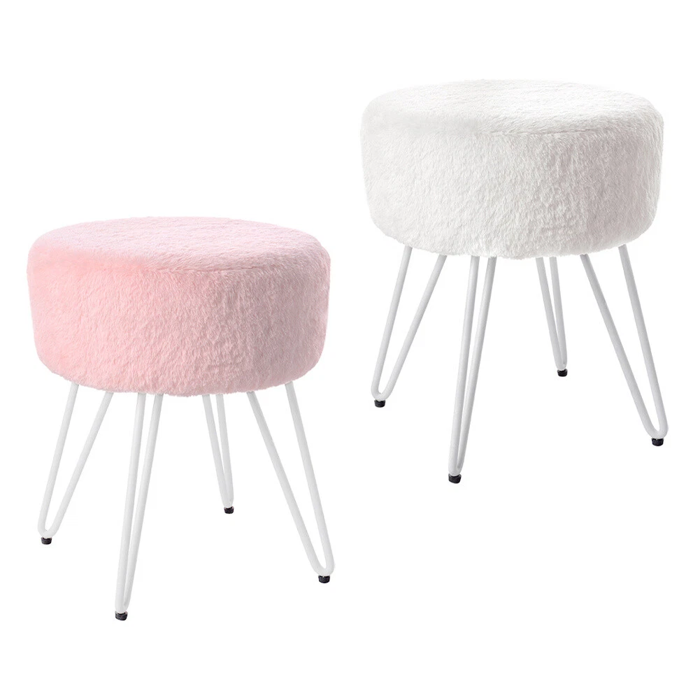 Deluxe Plush Round Ottoman Footstool Fluffy Fur Blush Sofa Foot Stool LivingRoom