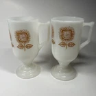 Vintage Lot 2 Federal Milk White Glass Brown Sunflower Mug Expresso Pedestal
