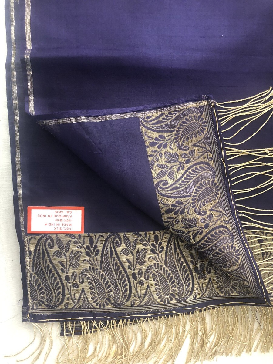 Écharpe 100% Soie Brocart - Motif Floral Artisanal Bleu, Légère, Neuve Sans étiquette