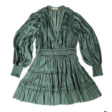 ULLA JOHNSON Tiered Mini Dress Turquoise Fit Flare V-Neck Ruffle Sz 12