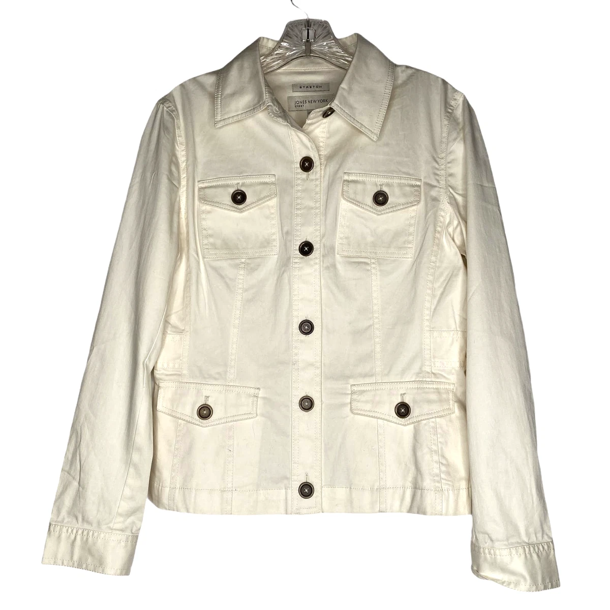 Jones New York Womens Cream Stretch Front Flap Pocket Utility Jacket Size Small