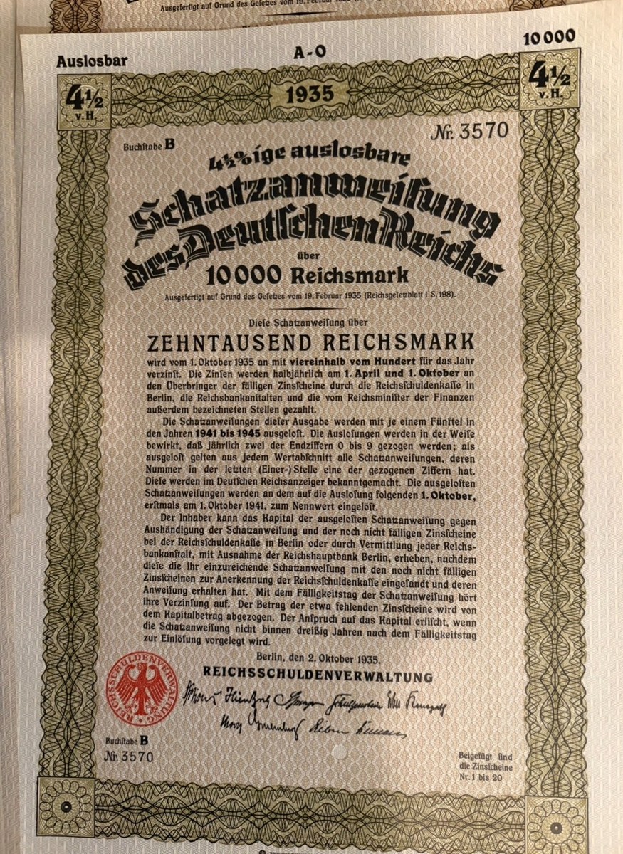 1935 GERMAN GERMANY BOND 10000 REICHSMARK REICHSSCHULDENV STOCK