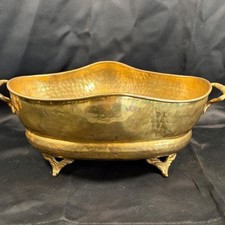 Vintage Hammered Brass Footed Planter Bowl Ornate Handles Made in India Oval