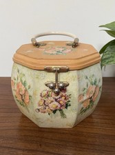 Vtg Mid-century Octagonal Wooden Lunch Box Purse Floral Decoupage Lucite Handle