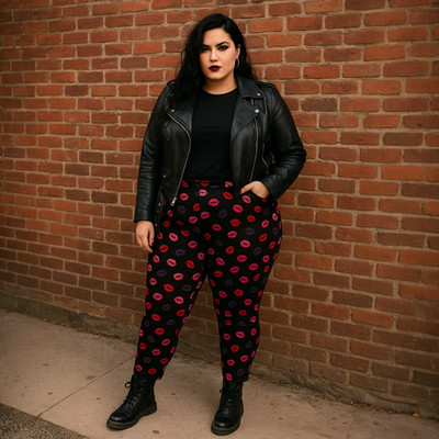 Torrid Womens Plus Size 2 (2X) Pixie Pants Ponte Lips Print Black Slim Fix NWT  