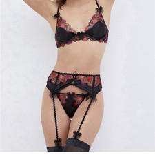 For Love Lemons S Black/Red Heart Lace Garter Belt Set Bra Panty