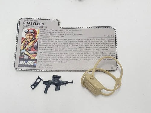 1987 GI Joe CRAZYLEGS v1 Complete Accessory Set Filecard Bump Crazy legs Vintage