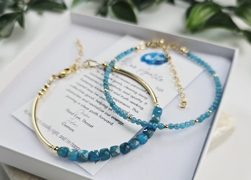 Pulsera de piedras preciosas azul apatita de 2 mm, relleno de oro o plata 925, joyería de cristal Foto 3 de 4