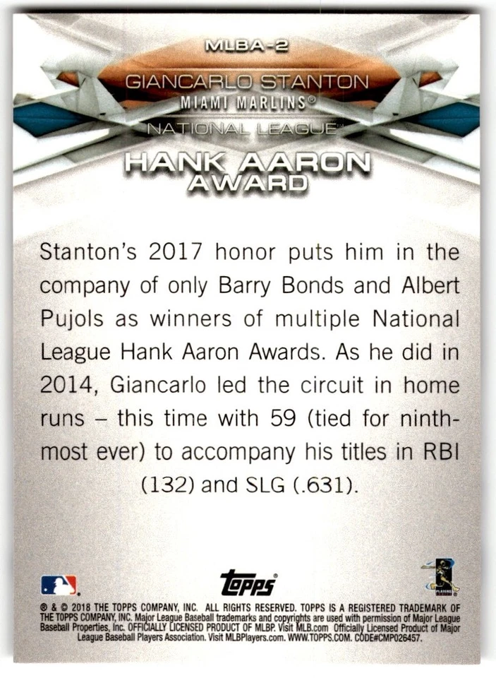 Giancarlo Stanton 2018 Topps MLB Awards #MLBA-2 Miami Marlins - Image 2 of 2