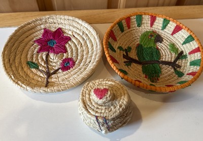 Woven Boho Baskets And Trinket Dish 5 Inches Wide 