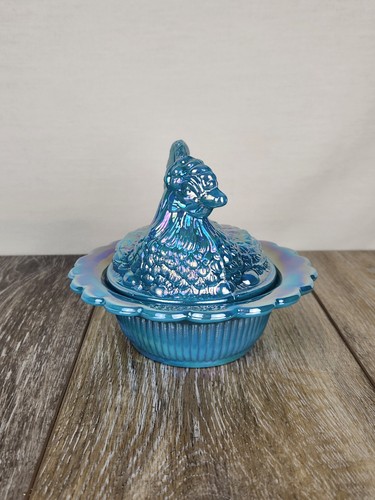 Georgia Blue Carnival Glass Hen on Ruffled Nest - Glass Trinket Candy Dish 6.5" - Picture 2 of 8