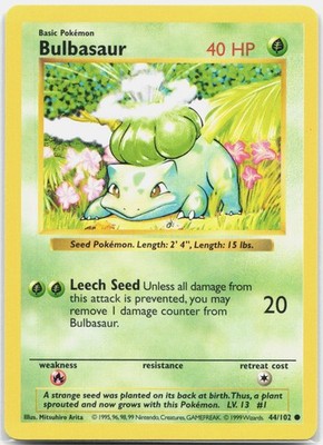 Bulbasaur Common Base Set (Shadowless) BSS Grass Unlimited 044/102 1999 LP