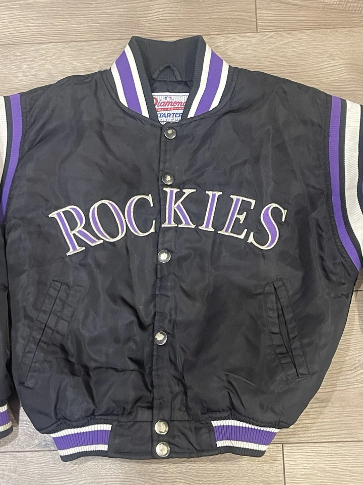 Jaqueta bombardeiro de cetim vintage anos 90 Colorado Rockies Starter Diamond Collection Youth M - Imagem 2 de 4