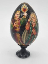 Vintage Russian wood egg hand painted black lacquer gold trim signed with stand