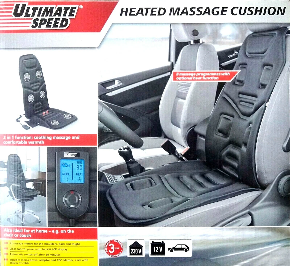 Massage seat pad massage seat with seat heater for car & home + adapter 12V