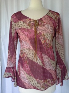 SIZE-S-FASHION-BUG-Peasant-Blouse-Top-Pink-Tan-Paisley-Floral