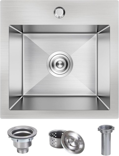 15" X 15" Top-Mount Stainless Steel Drop-In Bar Sink – Single Basin, 18 Gauge, 9" Deep, With Drain For Wet Bar, RV, Office, Laundry