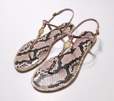 NIB Tory Burch Emmy Snake Printed Leather T-Strap Flat Sandal in Misty Rose 198