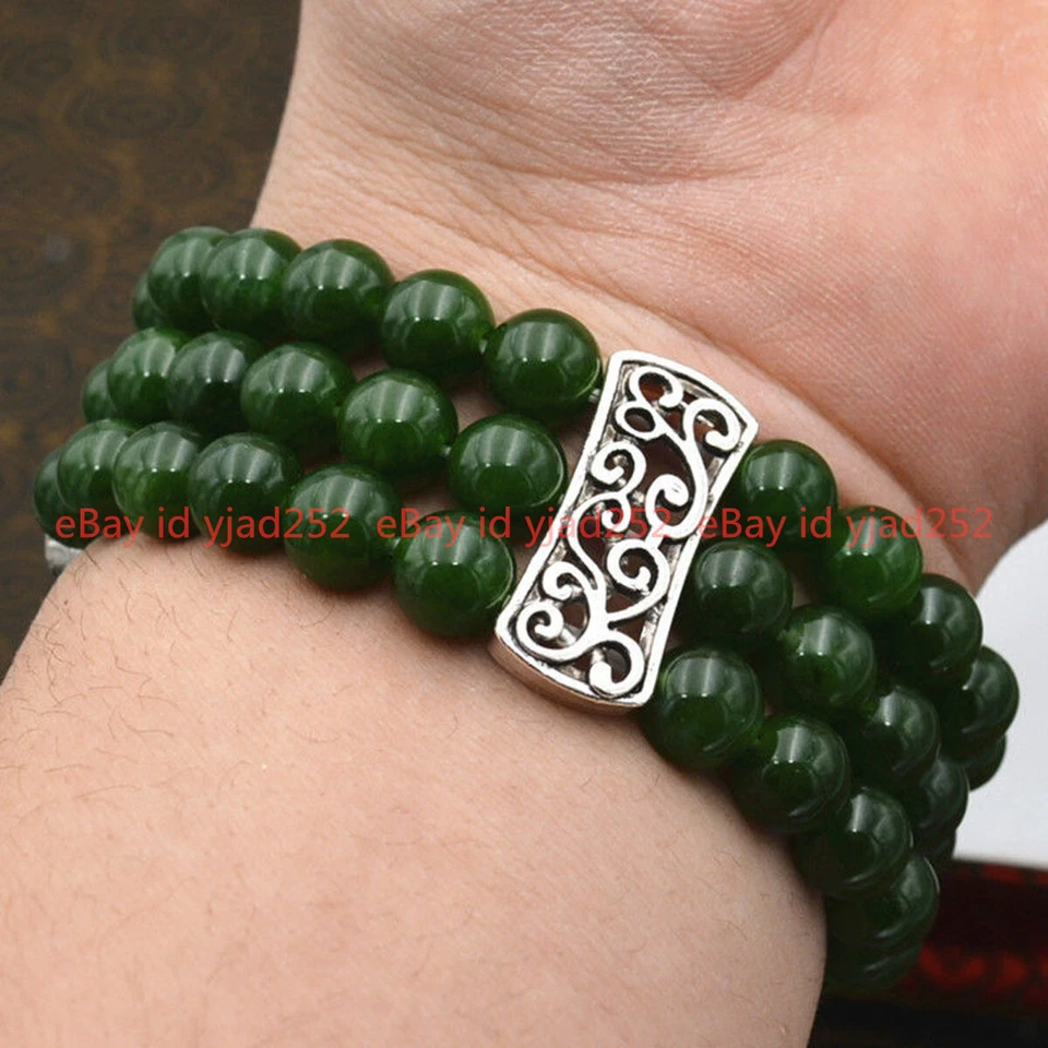New 3row Women's Natural 8mm Dark Emerald Beads Stretch Tibetan Silver Bracelet - Image 4 of 4