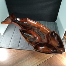 Florals Wooden Platter Décor Serving Tray 28" Fish-Shaped Hand-Carved IMPRESSIVE