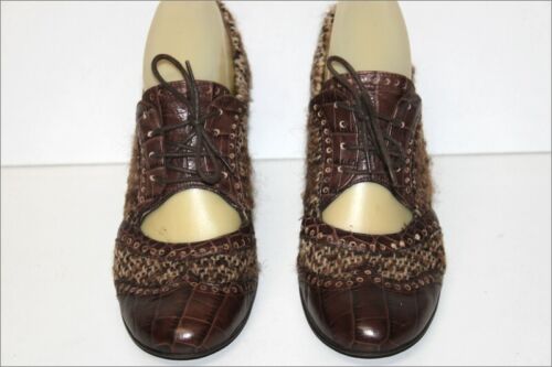 KEY TE Court Shoes Lace Textile Brown And Leather 36.5 Fr Very Good Condition - Picture 1 of 6