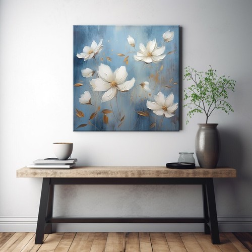 Bellissimo dipinto ad olio fiori bianchi blu pastello stile stampa su tela arte - Foto 6 di 10