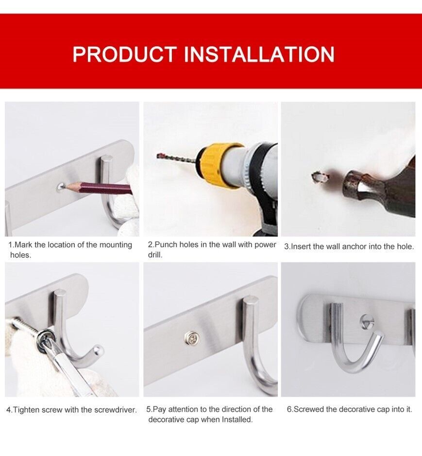 Coat Hook Stainless Steel Wall Mounted Hat & Clothing Rack Rail Hanger