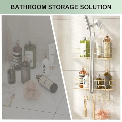 Shower Caddy Hanging, Bathroom Shower Organizer, No Drilling Shower Gold