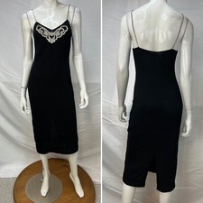 Vintage Janet Maffei 4 Black Santana Knit Rhinestone Embellished Sheath Dress