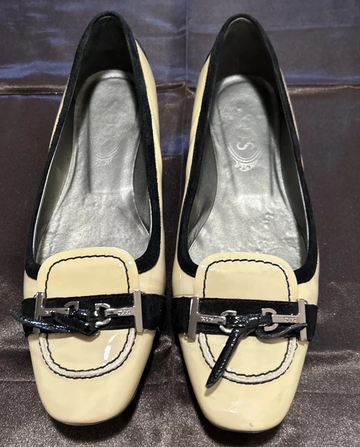 TOD’S Mocassino piatto donna Tod's crema vernice pelle nero bordo velluto taglia 6 5