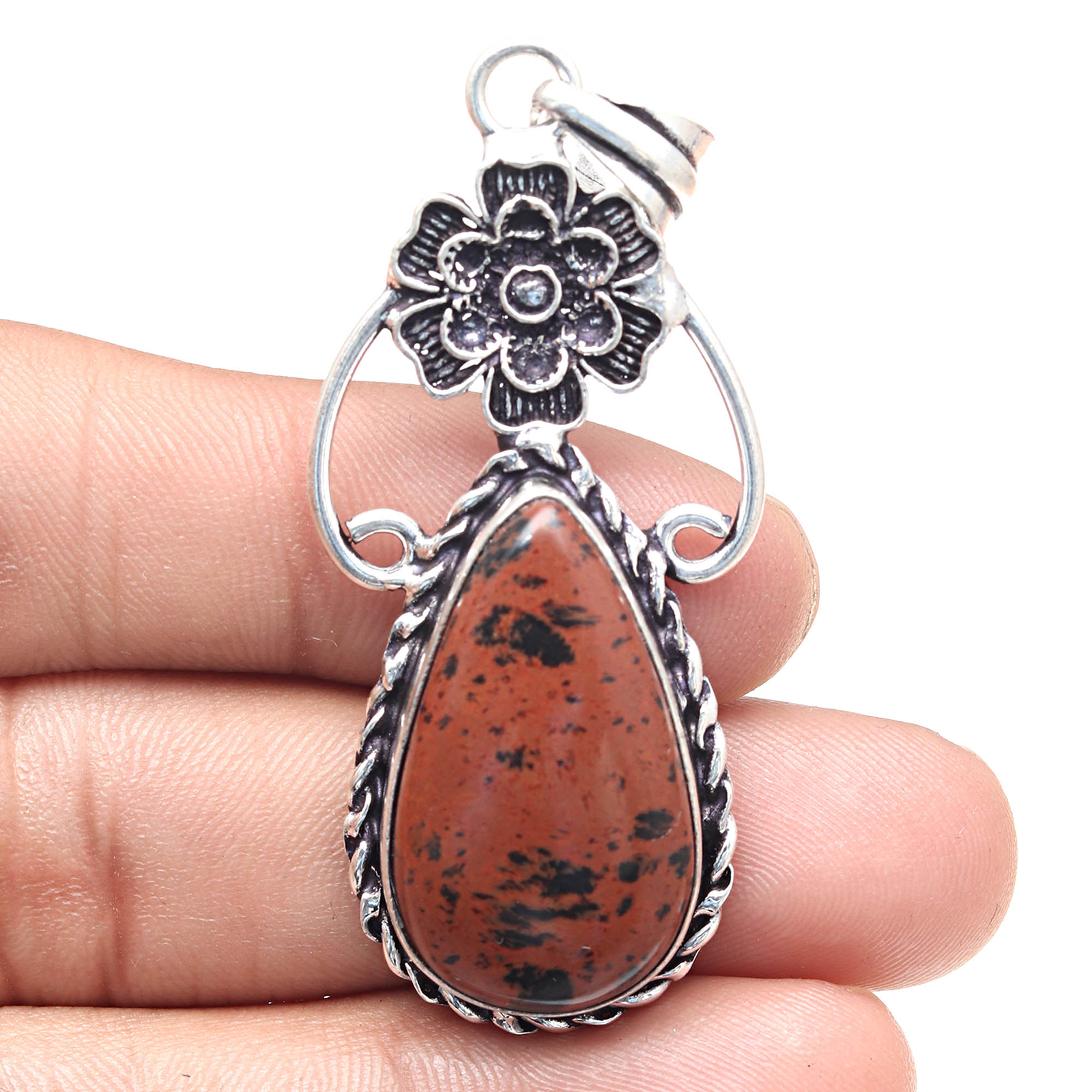 Handmade Antique Silver Pendant with Mahogany Obsidian Gemstone 2.5 Inch