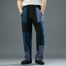 Herren Baumwolle Leinen Hose Splice Patch Gerades Bein Hose Gummibund Freizeit