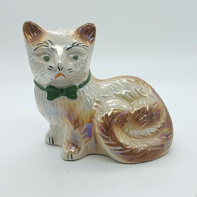 Vintage Ceramic Iridescent Cat Figurine Brown & Cream Colored Green Bow Tie 