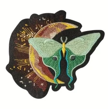 Luna Moth & Crescent Moon Iron-On or Sew Embroidery Patch 5.2"x4.53"