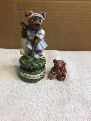Bearware Pottery Golf Trinket Box With Bear Figurine Inside