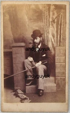 CDV MAN STUDIO FISHING ANGLING BRIDGE RIVER SPALDING FISHERMAN ROD ANTIQUE PHOTO