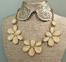 Unsigned White Pearl Iridescent Faceted Flower Rhinestone Statement Necklace