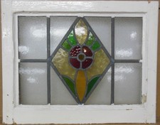 FLORAL OLD ENGLISH LEADED STAINED GLASS WINDOW 21.25" X 17"